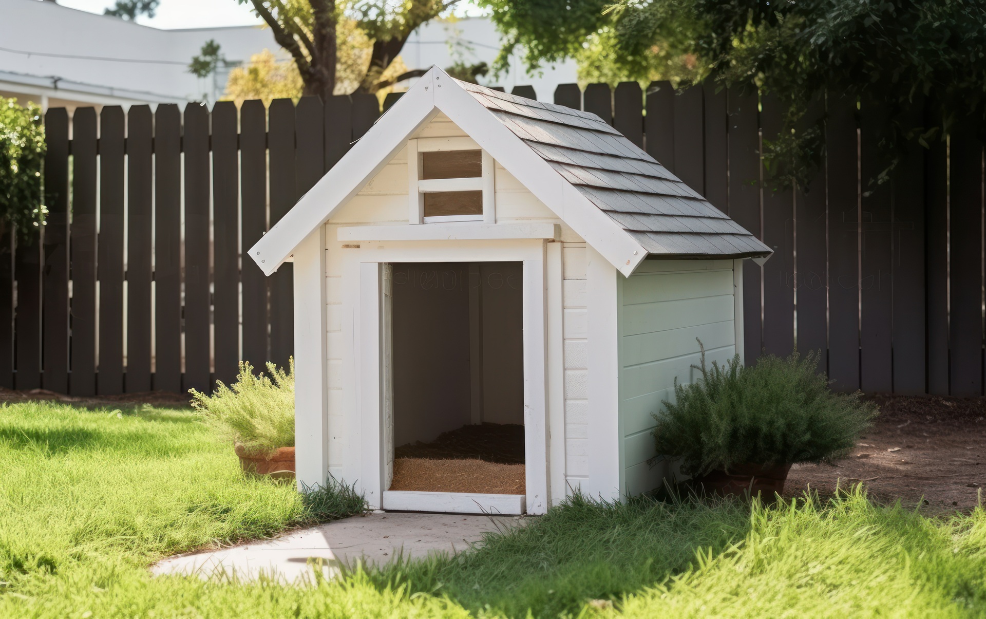 Weiße Hundehütte im Garten, Hundetrockenfutter