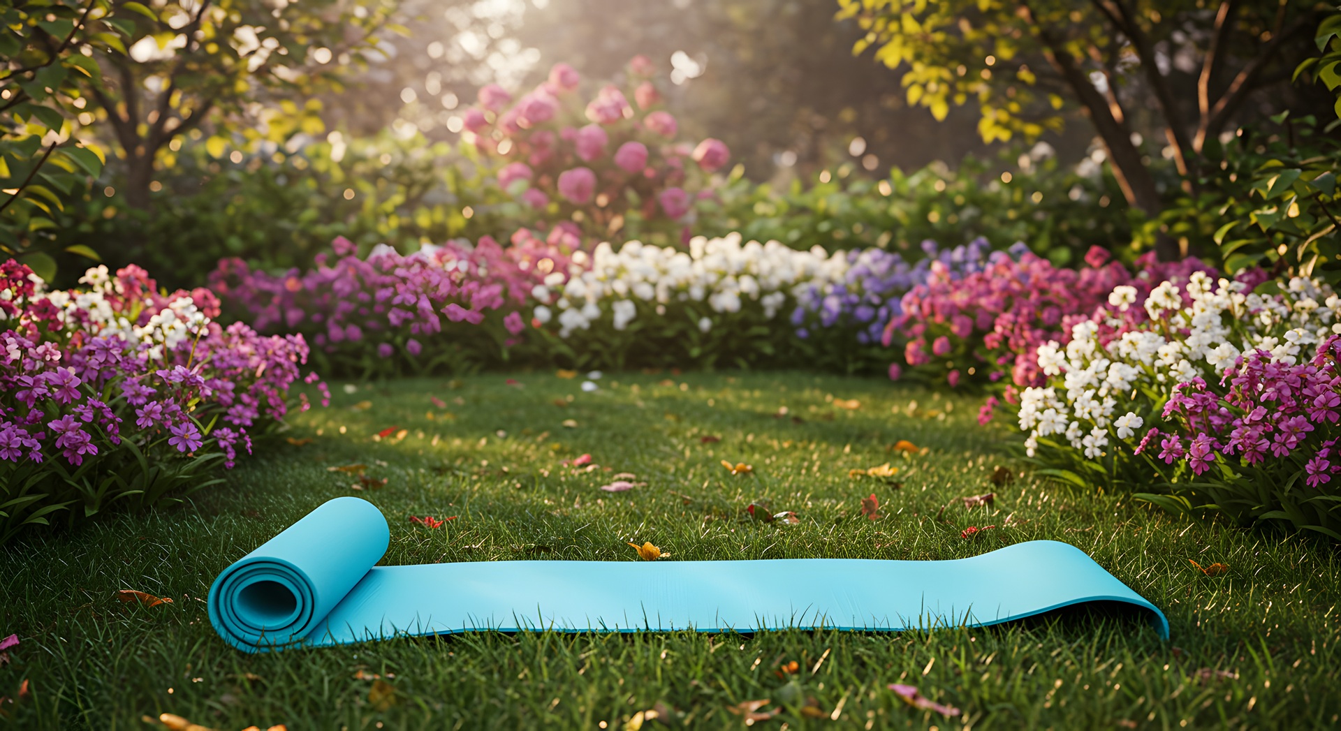 Blumenreicher Garten mit Yogamatte und Pool Komplettset