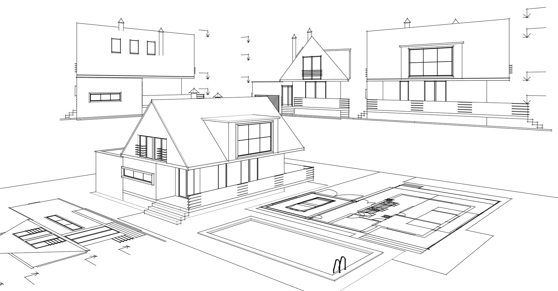 Architektonische Hauszeichnung mit Grundriss | modulares Bauen