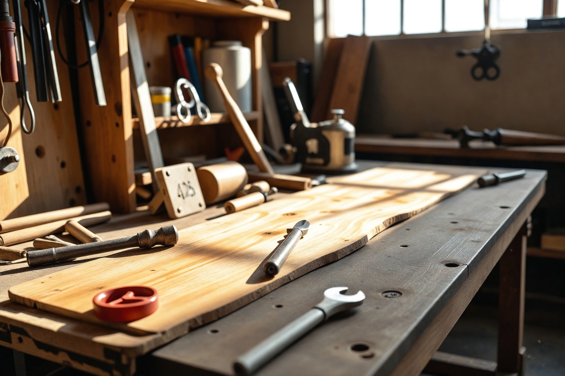 Sonnendurchflutete Werkstatt mit Holzplatte und Werkzeugen | Zebra Drucker