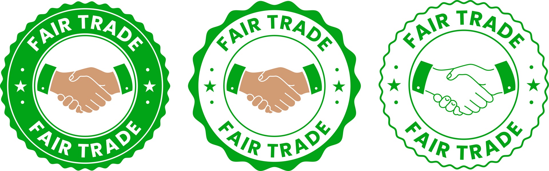 Drei grüne Fair-Trade-Siegel mit Handschlag | Lieferkettensorgfaltspflichtengesetz